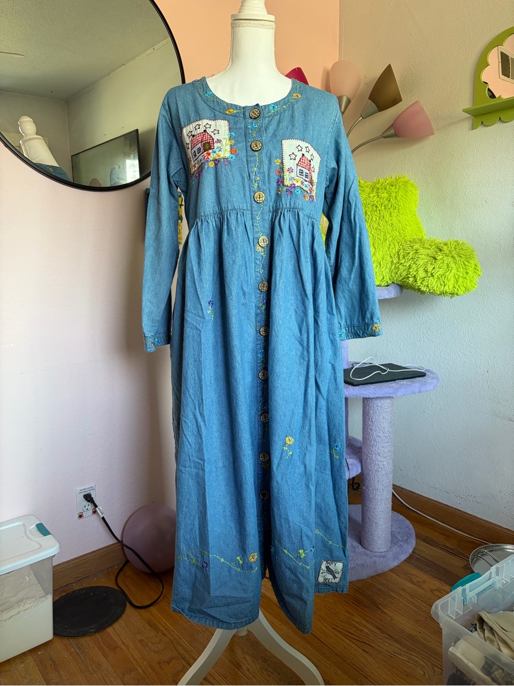 Vintage Papy Boez Hand Embroidered Jean Maxi Dress